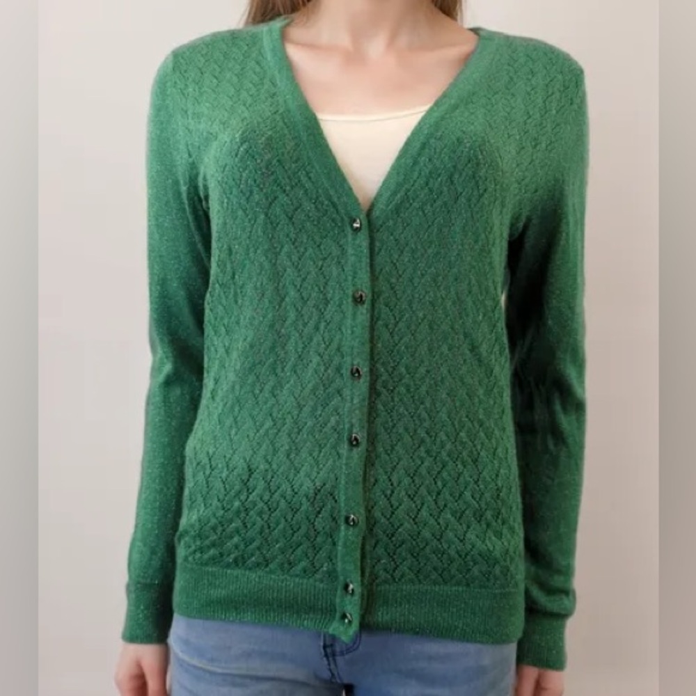 Merona Women’s Green/Silver Knit Festive Christmas Cardigan Size XS
